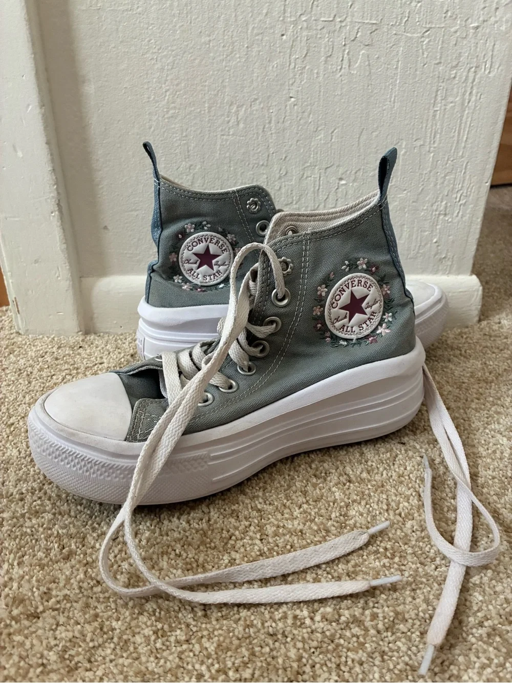 Converse Sage Green High-Top Platform Sneakers with Floral Patch kids size 3.5